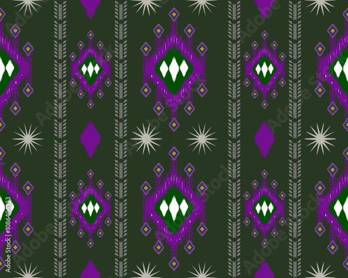 Intricate purple and green geometric pattern with diamond shapes and stars, perfect for textiles or wallpaper. design features rich color palette and symmetrical elements