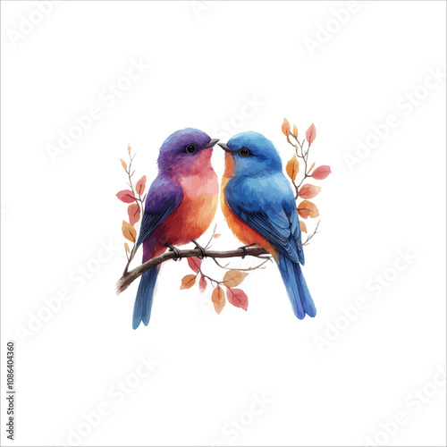 Watercolor lovebirds couple on a branch illustration. love Birds and heart watercolor vector.
