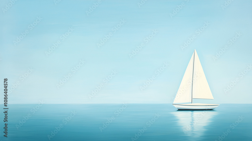 Fototapeta Solitude at Sea: A sailboat glides serenely across a tranquil expanse of turquoise water under a clear, pale blue sky.  A minimalist seascape evoking peace and freedom. 