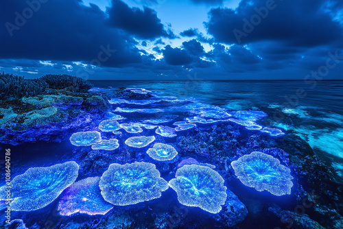 Marine bioluminescence among coral formations.