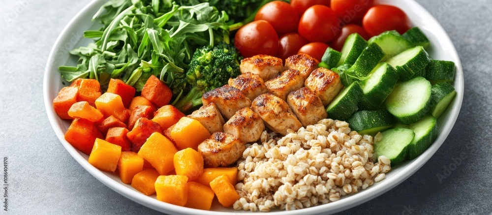 A healthy, colorful salad with grilled chicken, quinoa, sweet potato, cucumber, tomatoes and greens. A healthy, colorful salad with grilled chicken, quinoa, sweet potato, cucumber, tomatoes and greens.