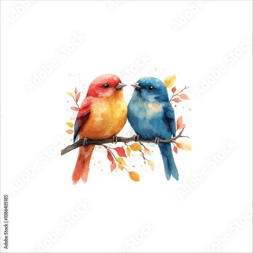 Watercolor lovebirds couple on a branch illustration. love Birds and heart watercolor vector.
