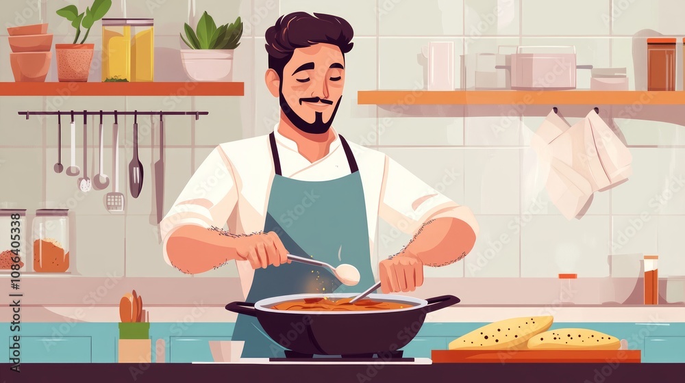 Chef Cooking Delicious Soup in a Kitchen Chef Cooking Delicious Soup in a Kitchen