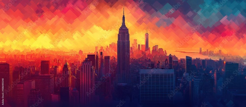 A stylized cityscape with a sunset in the background and a large skyscraper in the center. A stylized cityscape with a sunset in the background and a large skyscraper in the center.