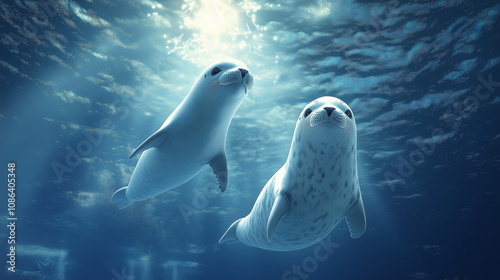 Two seals swimming underwater in the blue ocean