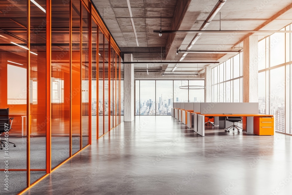 Modern open plan office space with glass walls, concrete floors, and ...