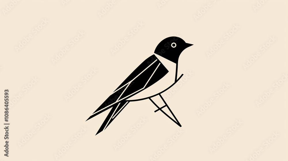Fototapeta premium Minimalist geometric swallow bird icon logo perching on branch