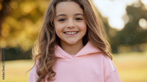 Portrait of smiling young girl wearing pink hoodie in autumn park