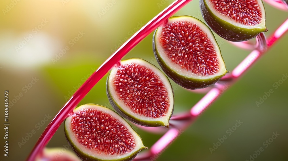 Macro shot of figs with vibrant, color-changing DNA helix inside, representing genetic innovation in agriculture and biotech Macro shot of figs with vibrant, color-changing DNA helix inside, representing genetic innovation in agriculture and biotech
