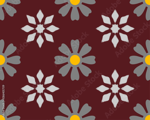 Floral pattern featuring gray and white flowers with yellow centers on maroon background, creating vibrant and cheerful design