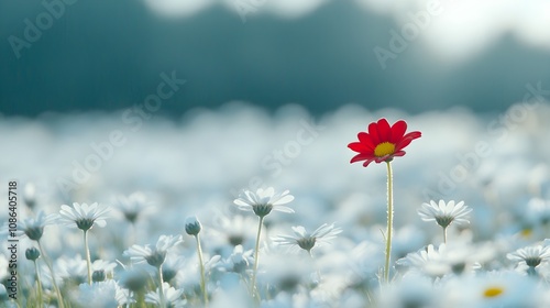 A single vibrant red flower blooming in a vast field of white daisies, symbolizing individuality amidst uniformity photo