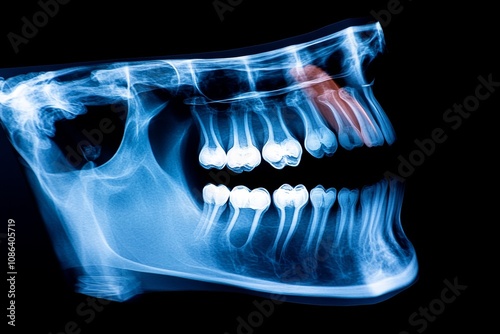 Realistic close-up of a dental X-ray showing clear details of teeth roots and jawbone structure