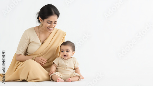 Happy indian mother wearing sari and playing with her baby on white background