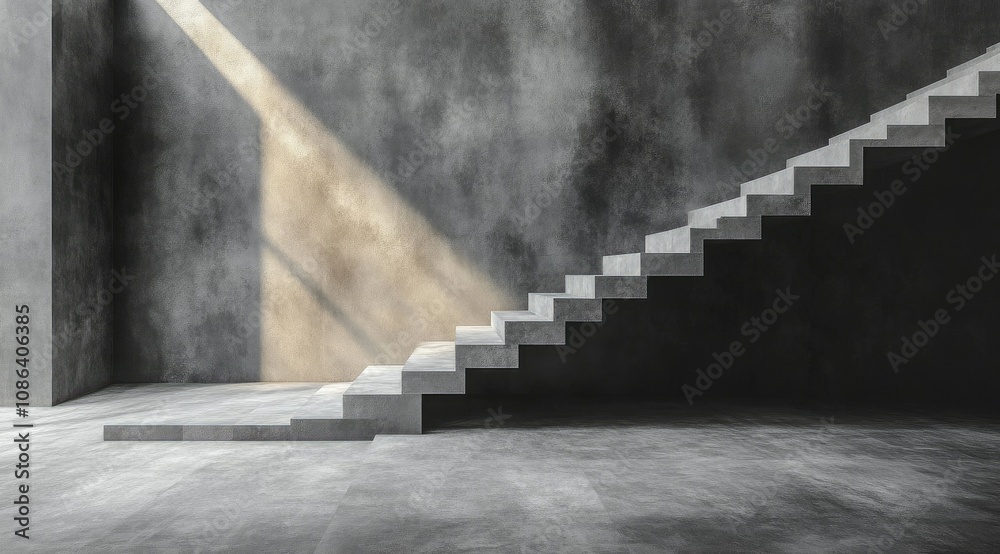 Modern concrete staircase in minimalist interior with sunlight. Modern concrete staircase in minimalist interior with sunlight.