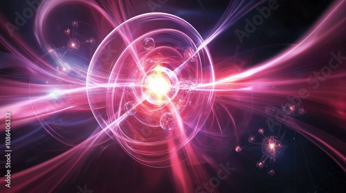 Wallpaper Mural Abstract representation of atomic structure surrounded by colorful light trails illustrating energy flow and particle movement in a cosmic environment Torontodigital.ca