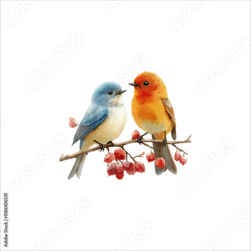 Watercolor lovebirds couple on a branch illustration. love Birds and heart watercolor vector.

