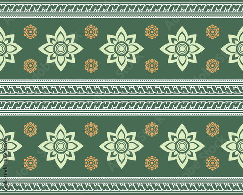 decorative pattern featuring floral designs in green, cream, and orange colors, ideal for textiles or wallpapers. intricate details add touch of elegance and charm