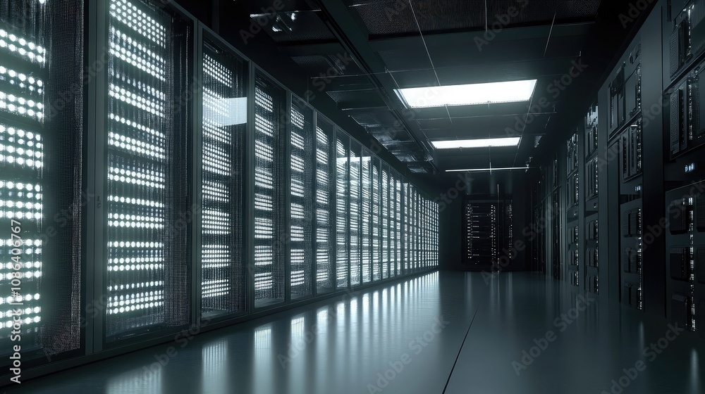 Futuristic Data Center Interior with Bright LED Lights and Sleek Server Racks in a Dark Environment Emphasizing Technology and Connectivity Futuristic Data Center Interior with Bright LED Lights and Sleek Server Racks in a Dark Environment Emphasizing Technology and Connectivity