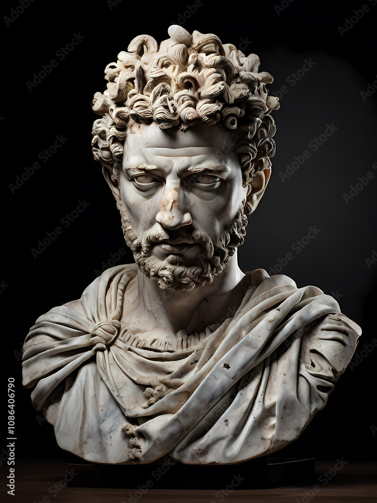 A stoic bust of Marcus Aurelius, sculpted from weathered marble with cracks and veins that hint at the passage of time, bathed in dramatic chiaroscuro lighting that accentuates A stoic bust of Marcus Aurelius, sculpted from weathered marble with cracks and veins that hint at the passage of time, bathed in dramatic chiaroscuro lighting that accentuates