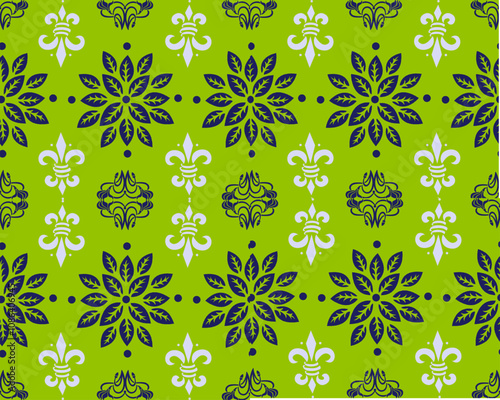 vibrant green floral pattern featuring intricate blue and white designs, perfect for textiles or wallpapers. repeating motifs create lively and elegant atmosphere