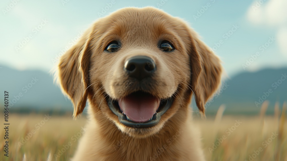 Obraz premium Happy Golden Retriever Puppy in Wildflower Field
