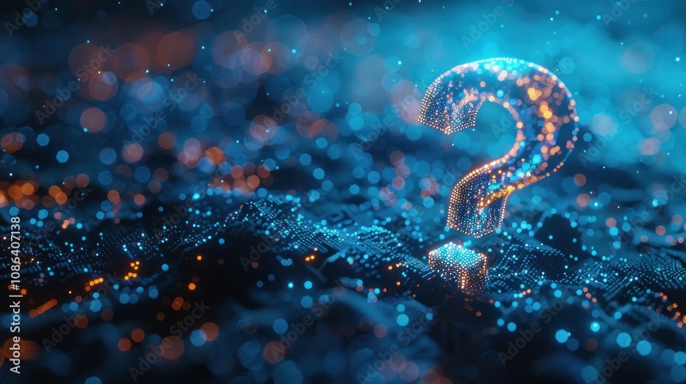 A glowing question mark on a dark blue background with bokeh lights. A glowing question mark on a dark blue background with bokeh lights.