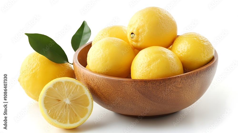 Fresh Yellow Lemons in a Wooden Bowl, a Healthy Citrus Fruit Fresh Yellow Lemons in a Wooden Bowl, a Healthy Citrus Fruit