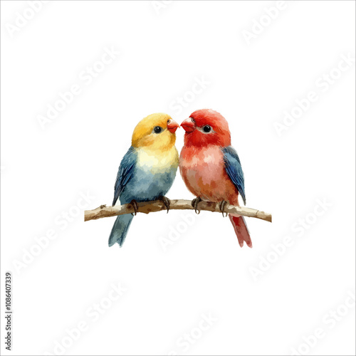 Watercolor lovebirds couple on a branch illustration. love Birds and heart watercolor vector.
