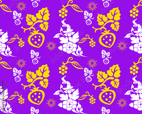 Bright floral pattern featuring yellow and white flowers and fruits on vibrant purple background, creating cheerful and lively design