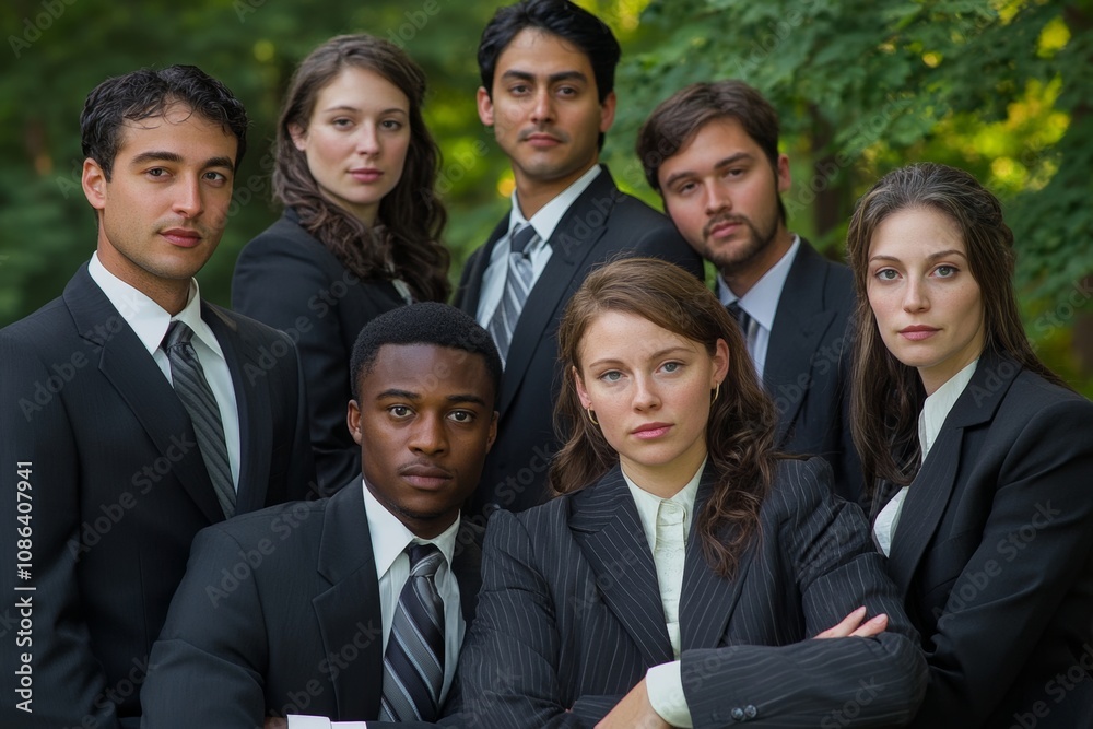 Group of professionals in formal attire posing together in a lush outdoor setting during a business networking event Group of professionals in formal attire posing together in a lush outdoor setting during a business networking event