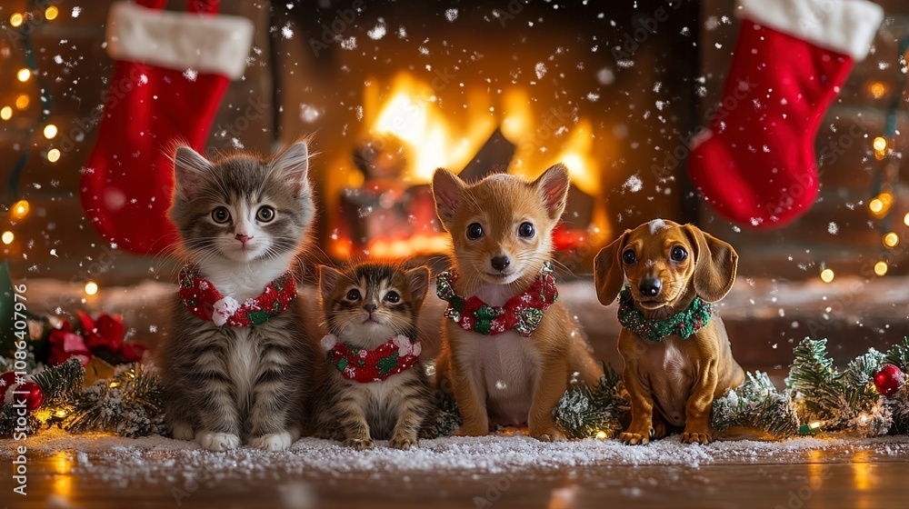 Festive Fireplace Adorable Pets Celebrate Christmas Festive Fireplace Adorable Pets Celebrate Christmas