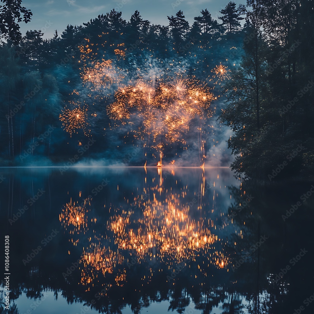 Obraz premium Fireworks Display Over a Tranquil Lake