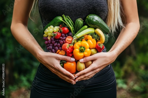 Fototapeta Naklejka Na Ścianę i Meble -  A woman holds her hands in a heart shape around fresh fruits and vegetables promoting gut health and nutrition outdoors in the sunlight