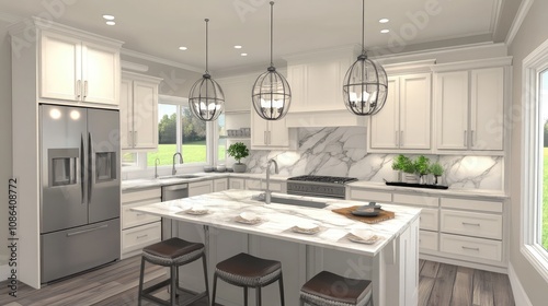 Modern Elegant Kitchen with Marble Backsplash, Stainless Steel Appliances, and Stylish Light Fixtures Perfect for Interior Design Inspiration