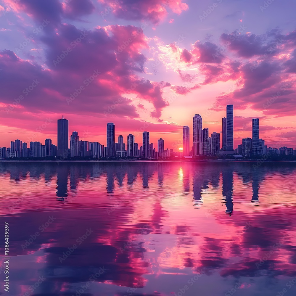 Sunset sky glowing pink casting stunning reflections on city skyline and water picture Sunset sky glowing pink casting stunning reflections on city skyline and water picture