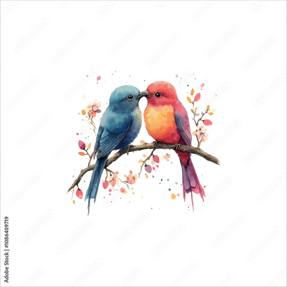 Obraz premium Watercolor lovebirds couple on a branch illustration. love Birds and heart watercolor vector. 