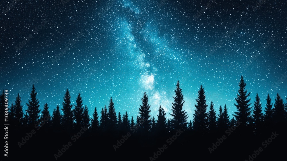 Naklejka premium Majestic Night Sky Milky Way Galaxy over Silhouetted Pine Forest