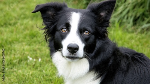 Black and White Dog Sitting on Grass