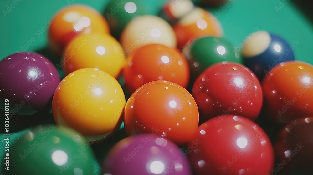 Colorful Pool Balls Arranged Playfully on a Green Billiard Table Surface Capturing the Essence of Classic Table Games and Leisure Time Fun Colorful Pool Balls Arranged Playfully on a Green Billiard Table Surface Capturing the Essence of Classic Table Games and Leisure Time Fun