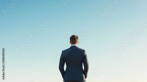 Aspirations and Ambition: A man in a suit stands with his back to the camera, gazing up at the vast blue sky, symbolizing limitless possibilities and a drive for success.   photo