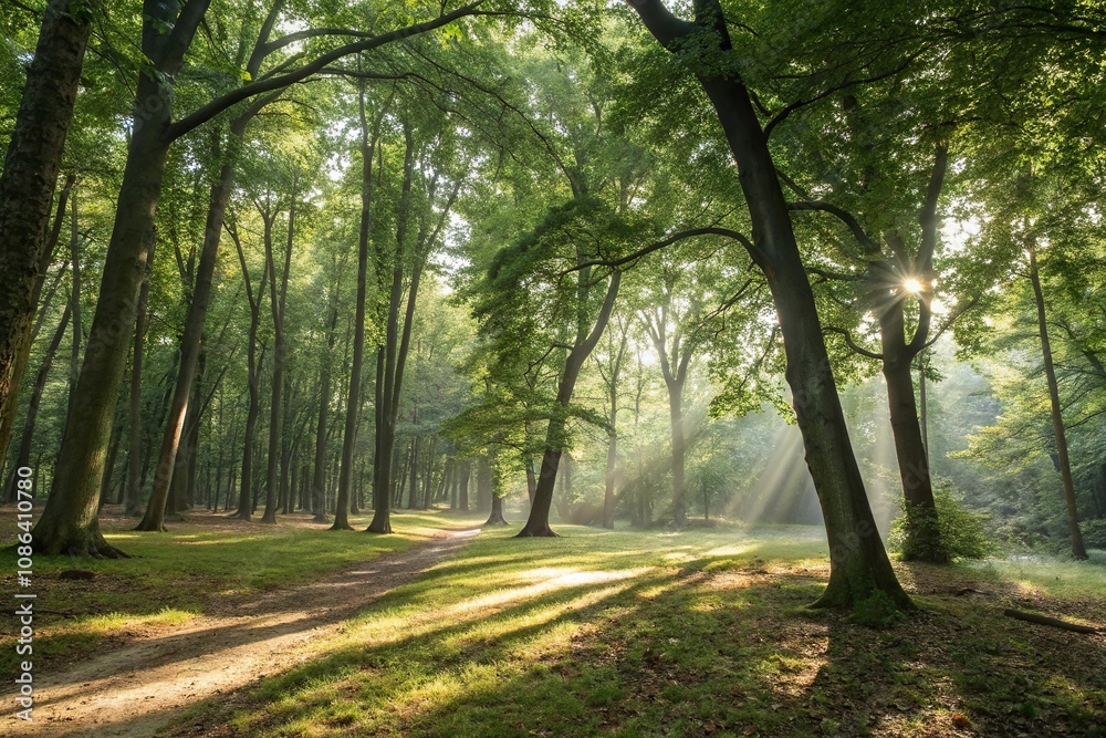 Fototapeta premium Forest with sunlight filtering through leaves, nature, trees