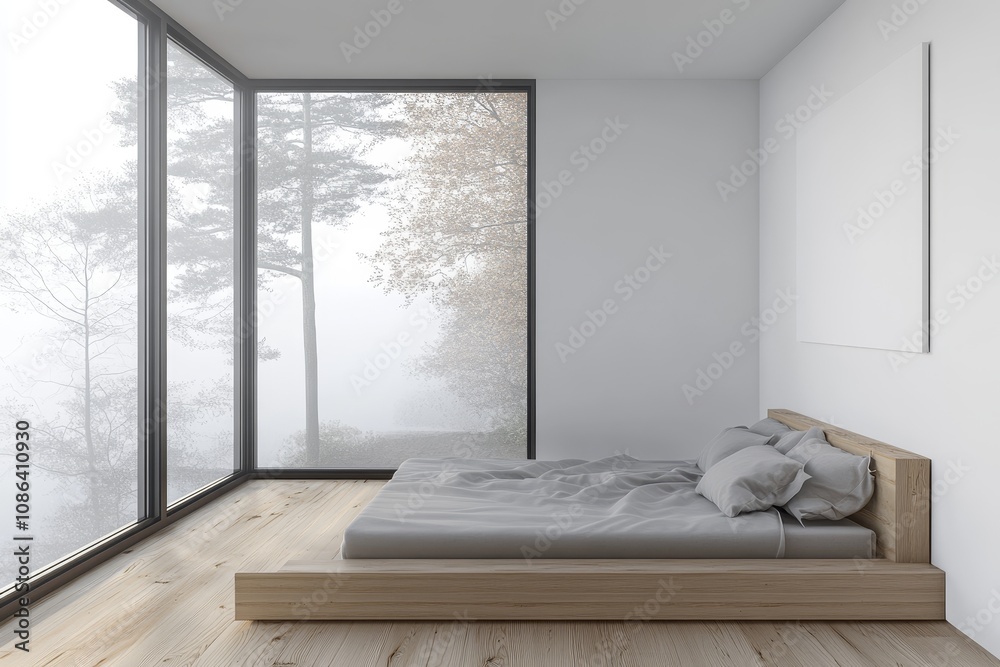 A minimalist bedroom with a large window overlooking a foggy forest. The bed is made with a gray duvet and pillows. A minimalist bedroom with a large window overlooking a foggy forest. The bed is made with a gray duvet and pillows.