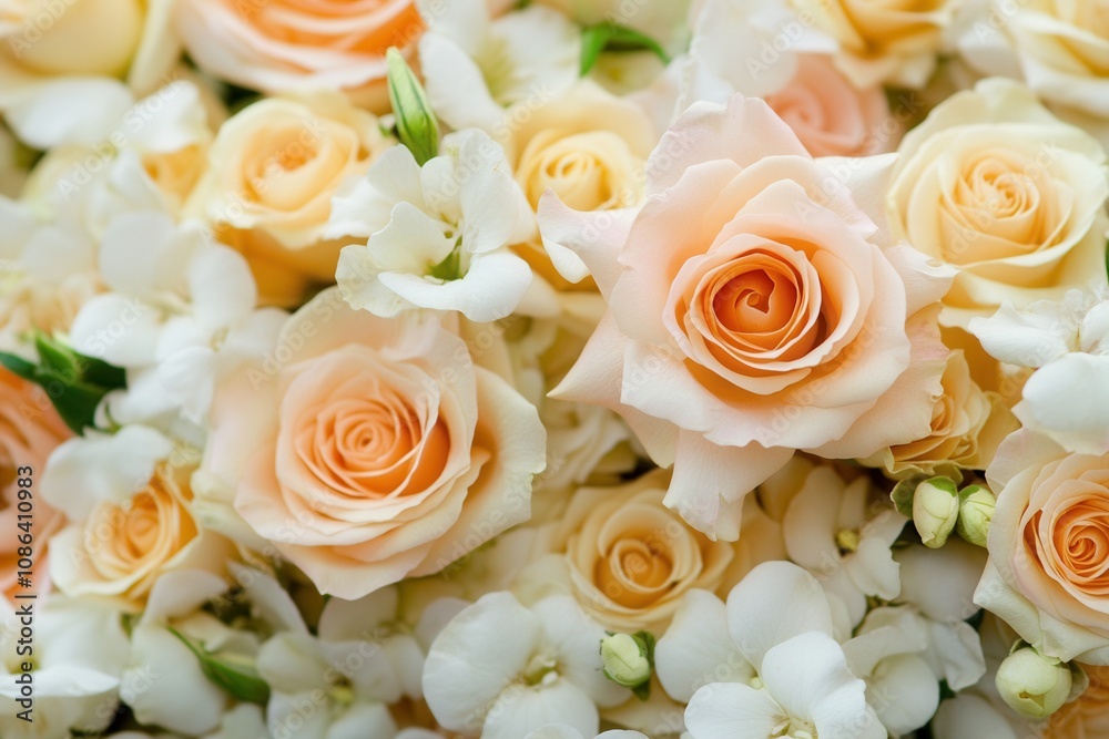 Peach and white roses and freesia flower arrangement. Peach and white roses and freesia flower arrangement.