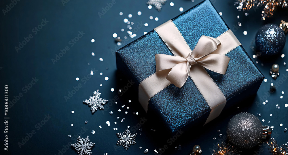 Elegant gift box with satin ribbon on a rich blue background, ideal for holiday promotions, Christmas cards, or birthday celebrations.