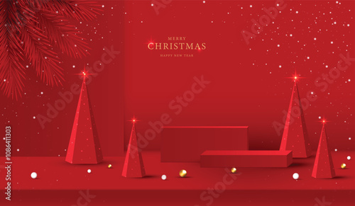 Podium shape for show cosmetic product display for christmas day or new years. Stand product showcase on red background with lighting christmas. vector design.
