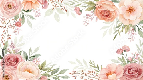 Gentle watercolor floral pattern with soft pink and peach hues featuring delicate peonies and roses in a whimsical design, watercolor, summer