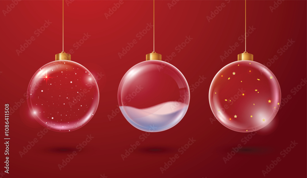Christmas glass bauble balls, realistic on red background. glass globe stands for Christmas and New Year winter holiday, crystal baubles decoration with snow snowflakes. vector design. Christmas glass bauble balls, realistic on red background. glass globe stands for Christmas and New Year winter holiday, crystal baubles decoration with snow snowflakes. vector design.