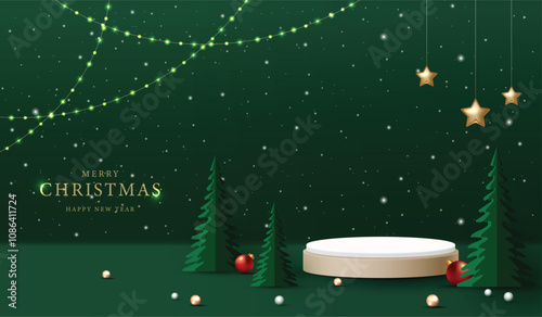 Podium shape for show cosmetic product display for christmas day or new years. Stand product showcase on green background with lighting christmas. vector design.