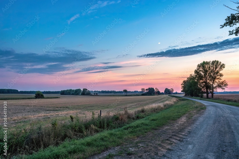 Gradual transition from daylight to twilight in a rural setting, , rural setting, abstract blurred ochre yellow tone lights background