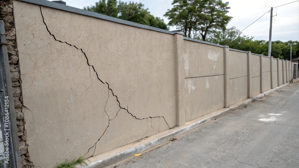 custom made wallpaper toronto digitalGreyish-brown plaster wall bearing a large linear crack, textured surface, faded finish, plaster wall, damaged materiality